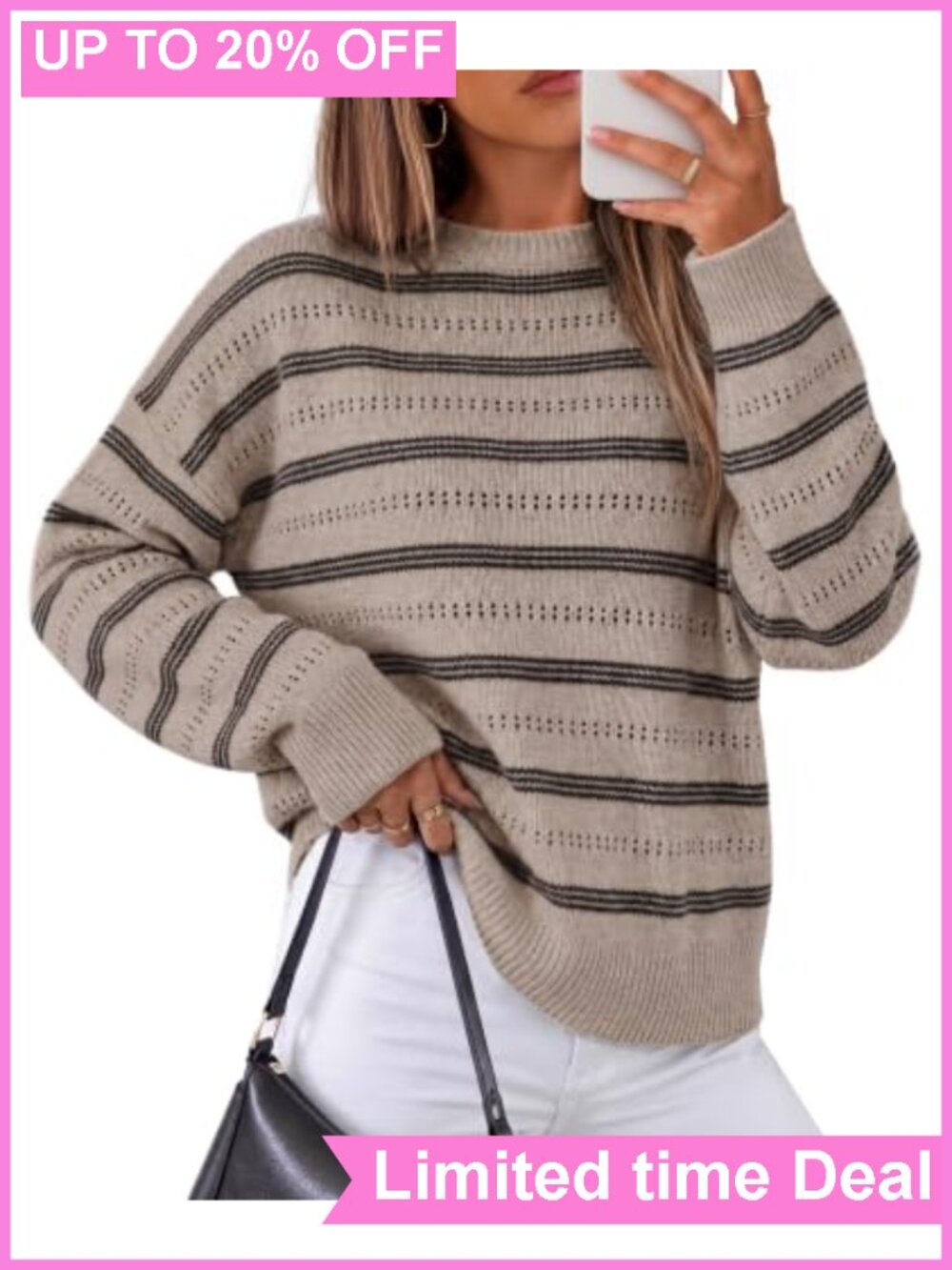 Womens Striped Crew Neck Pullover Sweater Long Sleeve Loose Knit